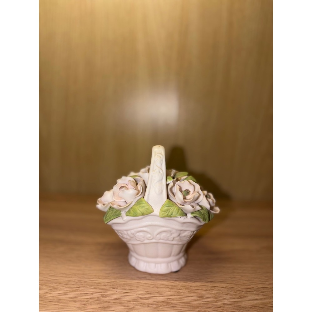 Vintage Porcelain Pink Rose Floral Basket Figurine Cottagecore Decor